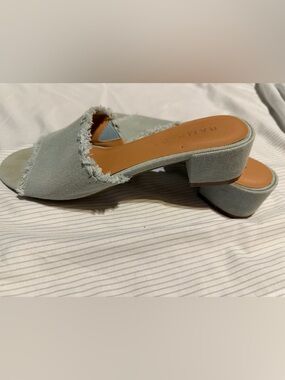 Frayed Edge Light Blue Denim Block Heel Mule